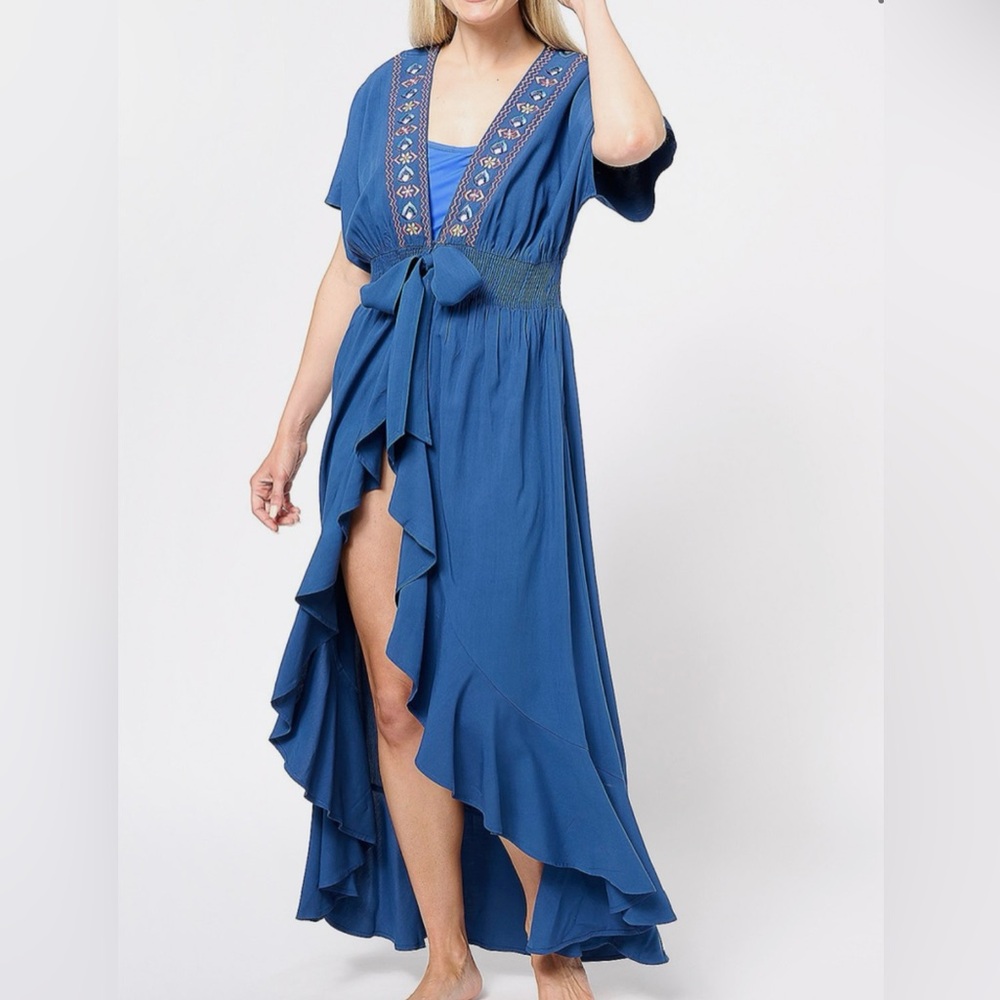 America & Beyond Embroidered Tie Waist Caftan Dress Navy Size XL